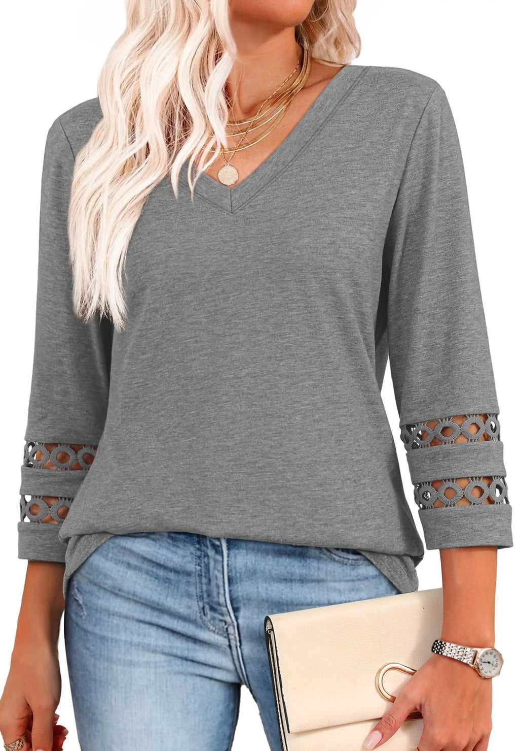 2026 New Womens 3/4 Length Sleeve Tops Trendy V Neck T Shirts