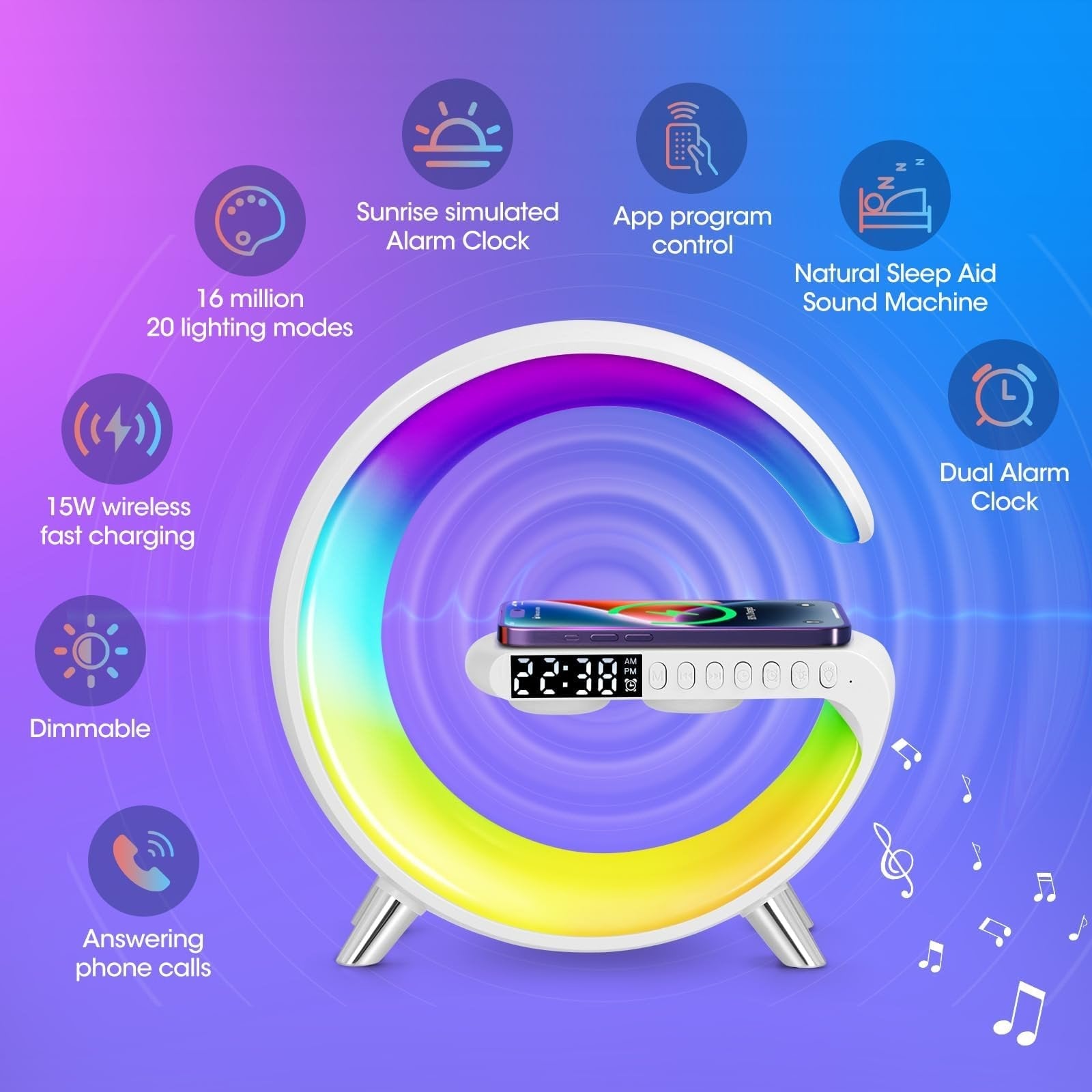 Multi-function Bluetooth Speaker - Colorful Ambient Light Wireless Charging Clock All-in-One