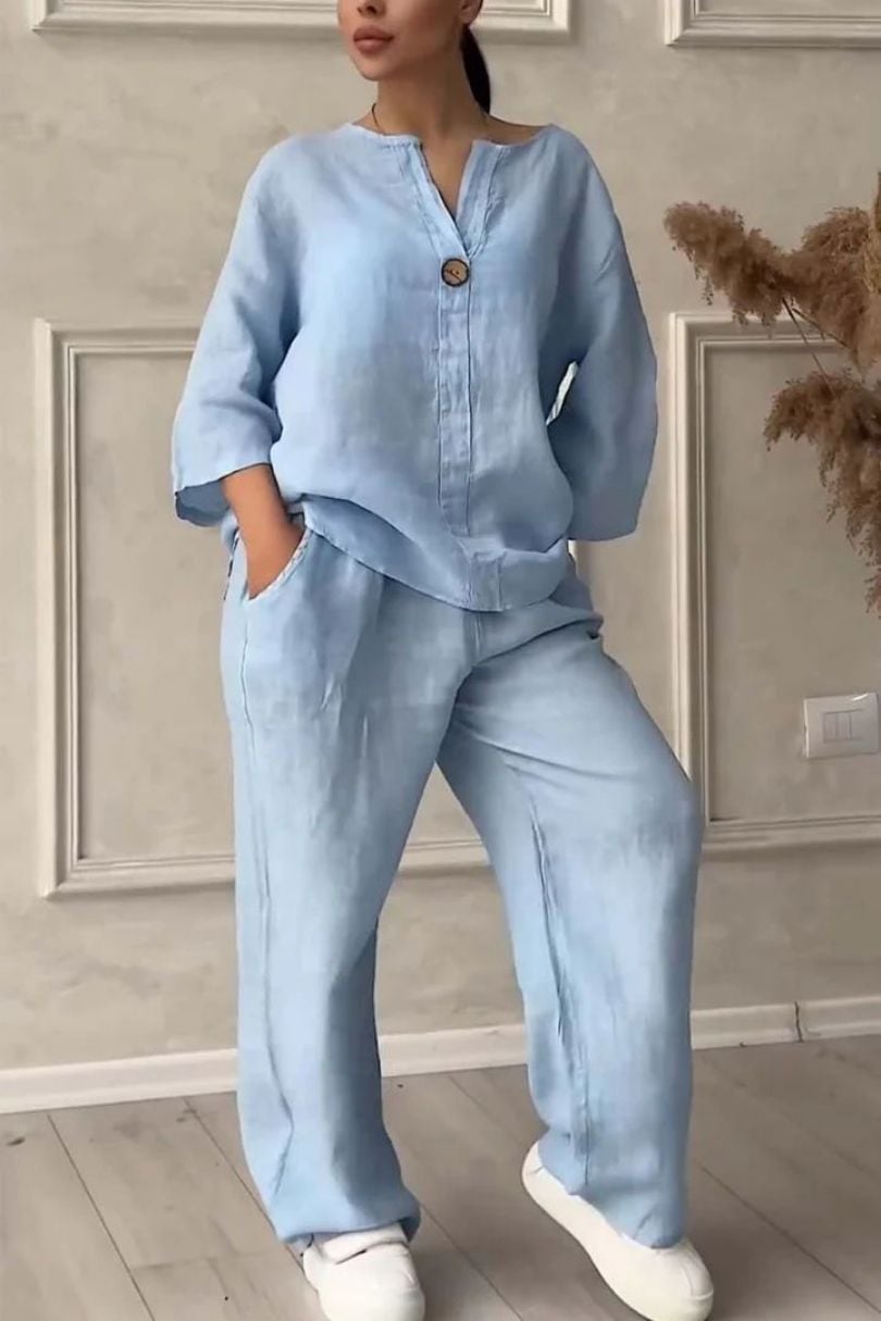 Women Casual button decorated cotton and linen two-piece set