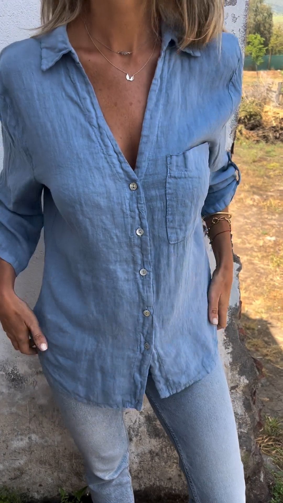 Cotton and Linen Mid-sleeve Lapel Shirt (Buy 2 Free Shipping)