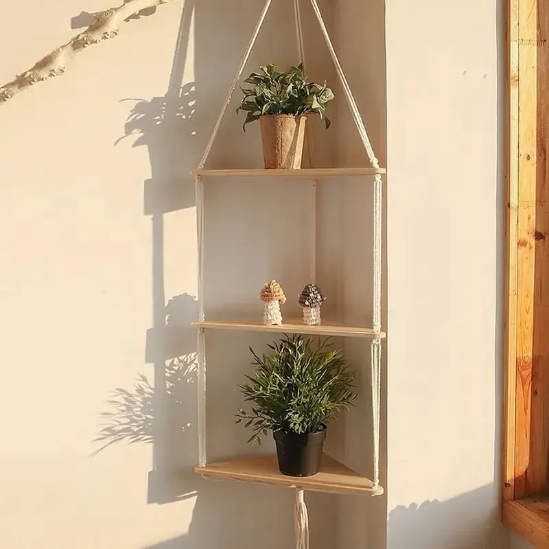 🌿 Boho Wooden Wall Mount Triangle Storage Rack