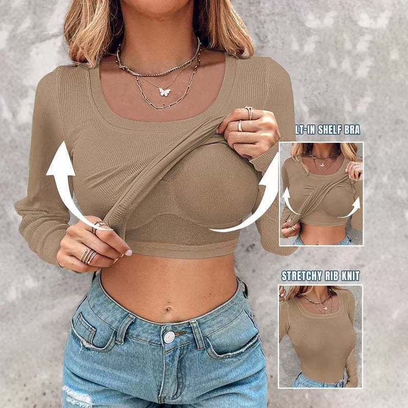 🎁🔥Neck Built-in Bra Long Sleeve Ribbed Top Shirts Elegant Skinny Fit Fabric