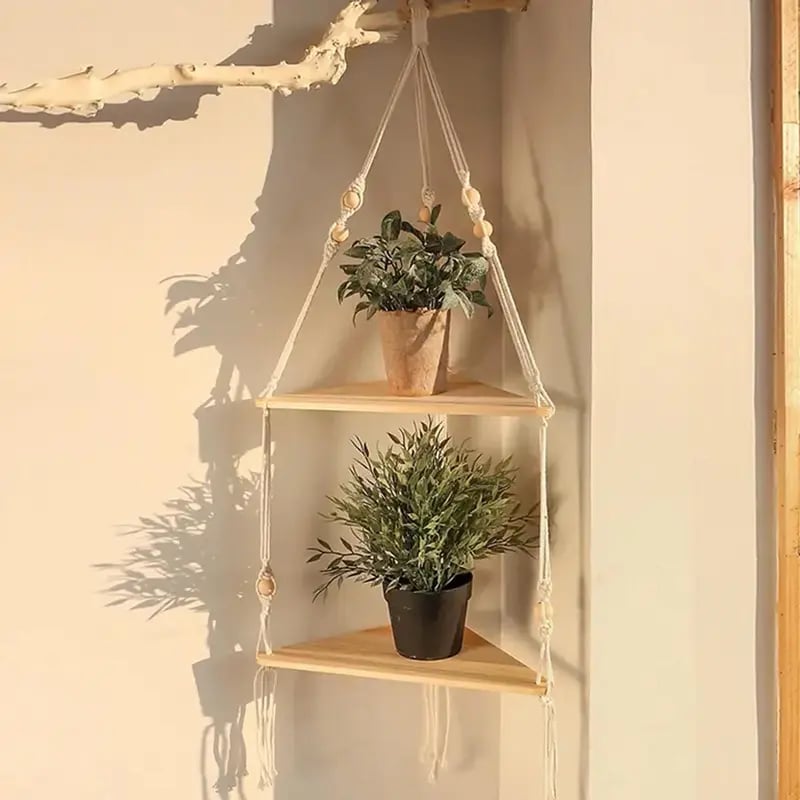 🌿 Boho Wooden Wall Mount Triangle Storage Rack