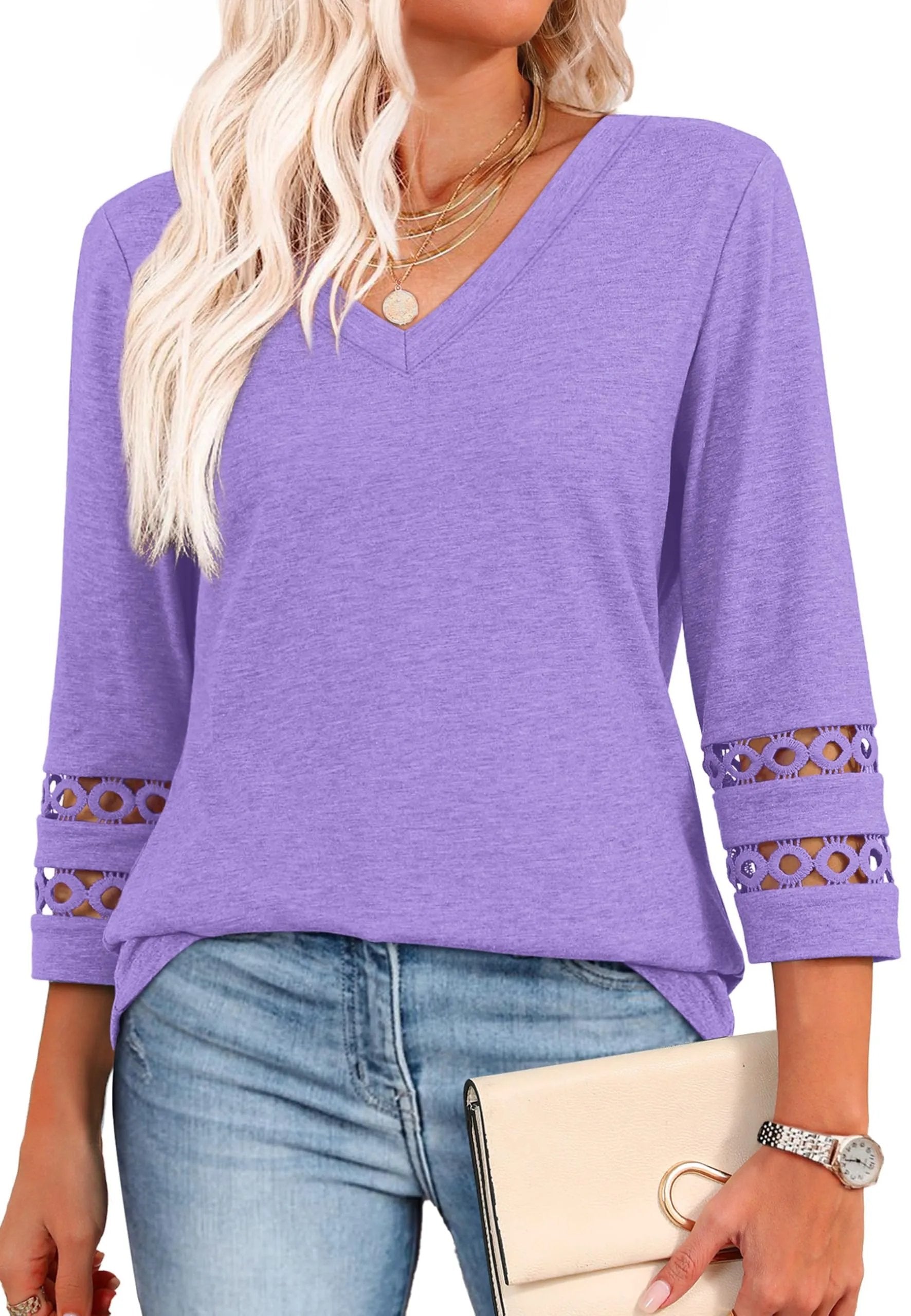 2026 New Womens 3/4 Length Sleeve Tops Trendy V Neck T Shirts