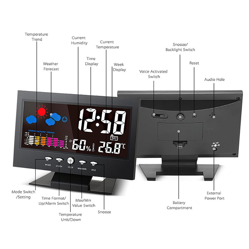 (🎁Hot Sale🎁)Digital LED Temperature Humidity Monitor Weather Forecast LED Table Alarm Clock