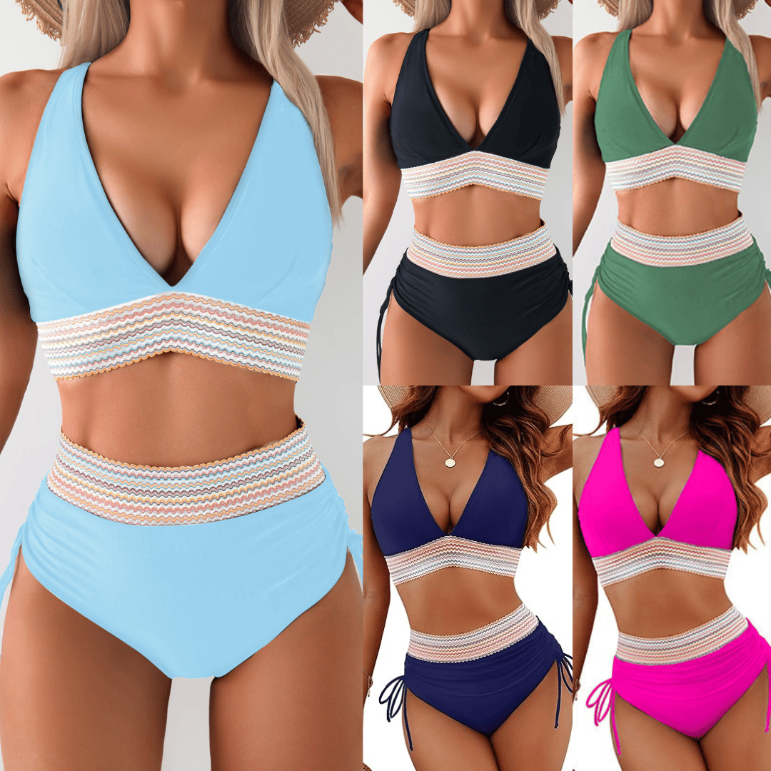 🎁2025 High Waisted Tummy Control Color Block Bikini Sets