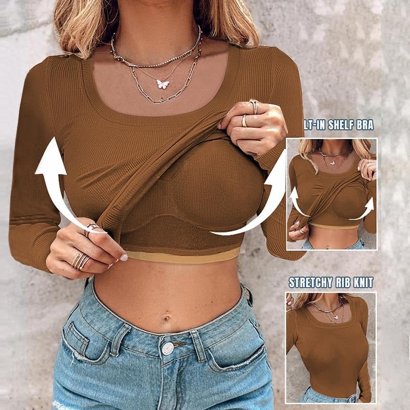 🎁🔥Neck Built-in Bra Long Sleeve Ribbed Top Shirts Elegant Skinny Fit Fabric