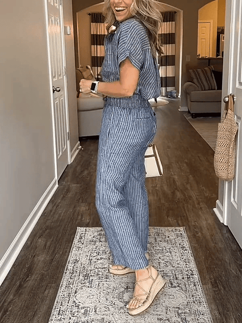 Classic Striped Linen Cotton Shirt Set With Pockets