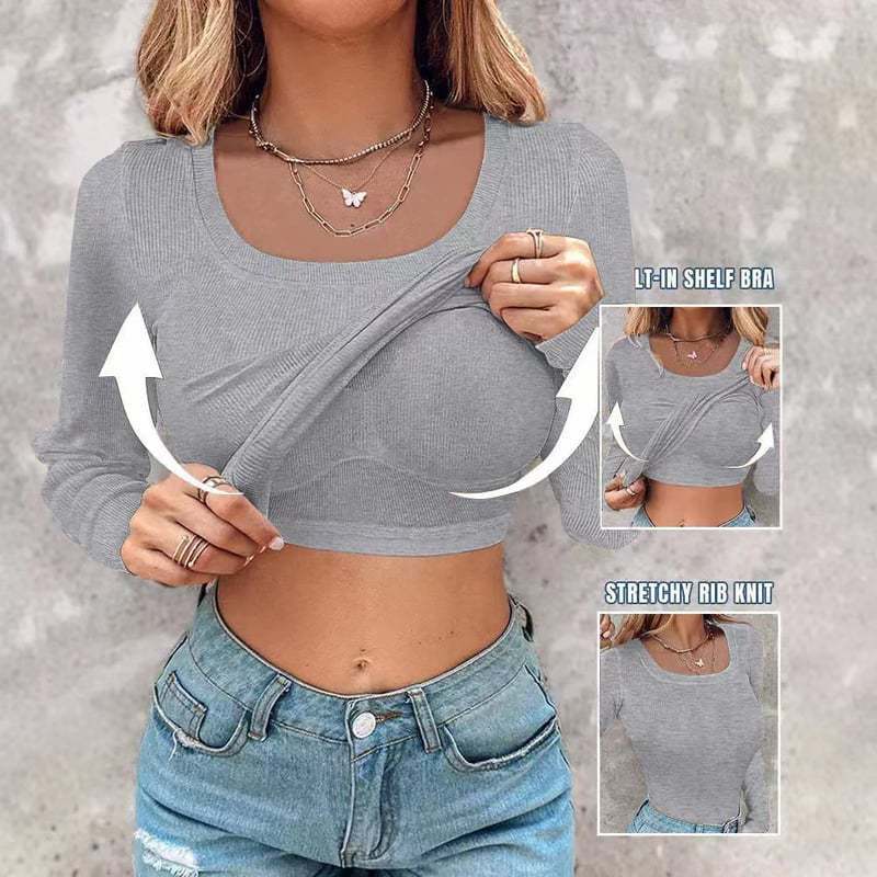 🎁🔥Neck Built-in Bra Long Sleeve Ribbed Top Shirts Elegant Skinny Fit Fabric