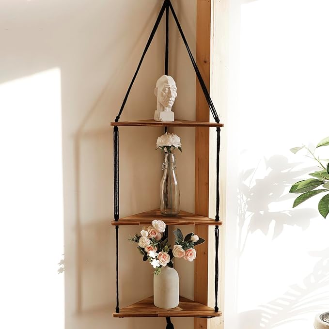 🌿 Boho Wooden Wall Mount Triangle Storage Rack