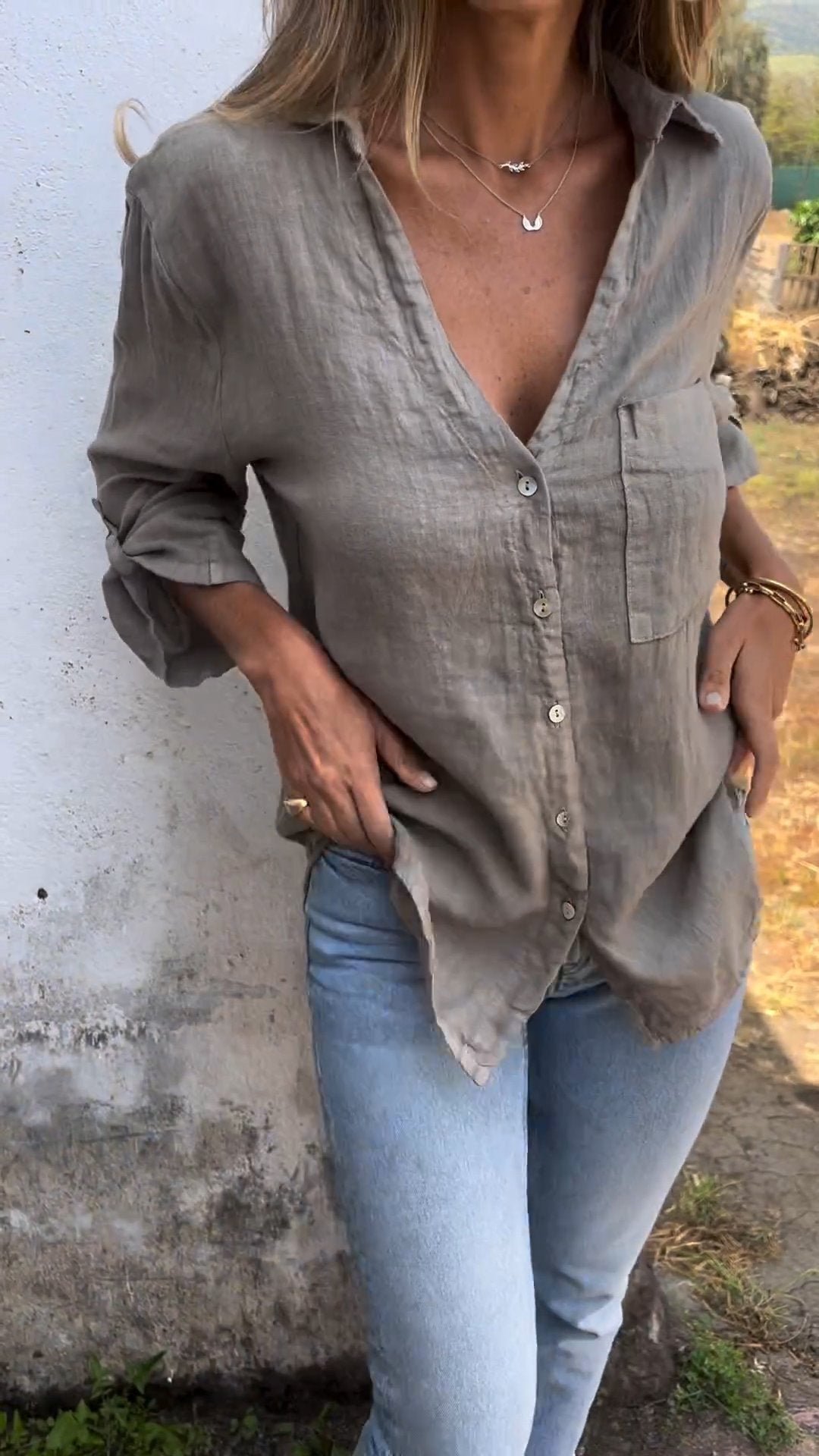 Cotton and Linen Mid-sleeve Lapel Shirt (Buy 2 Free Shipping)
