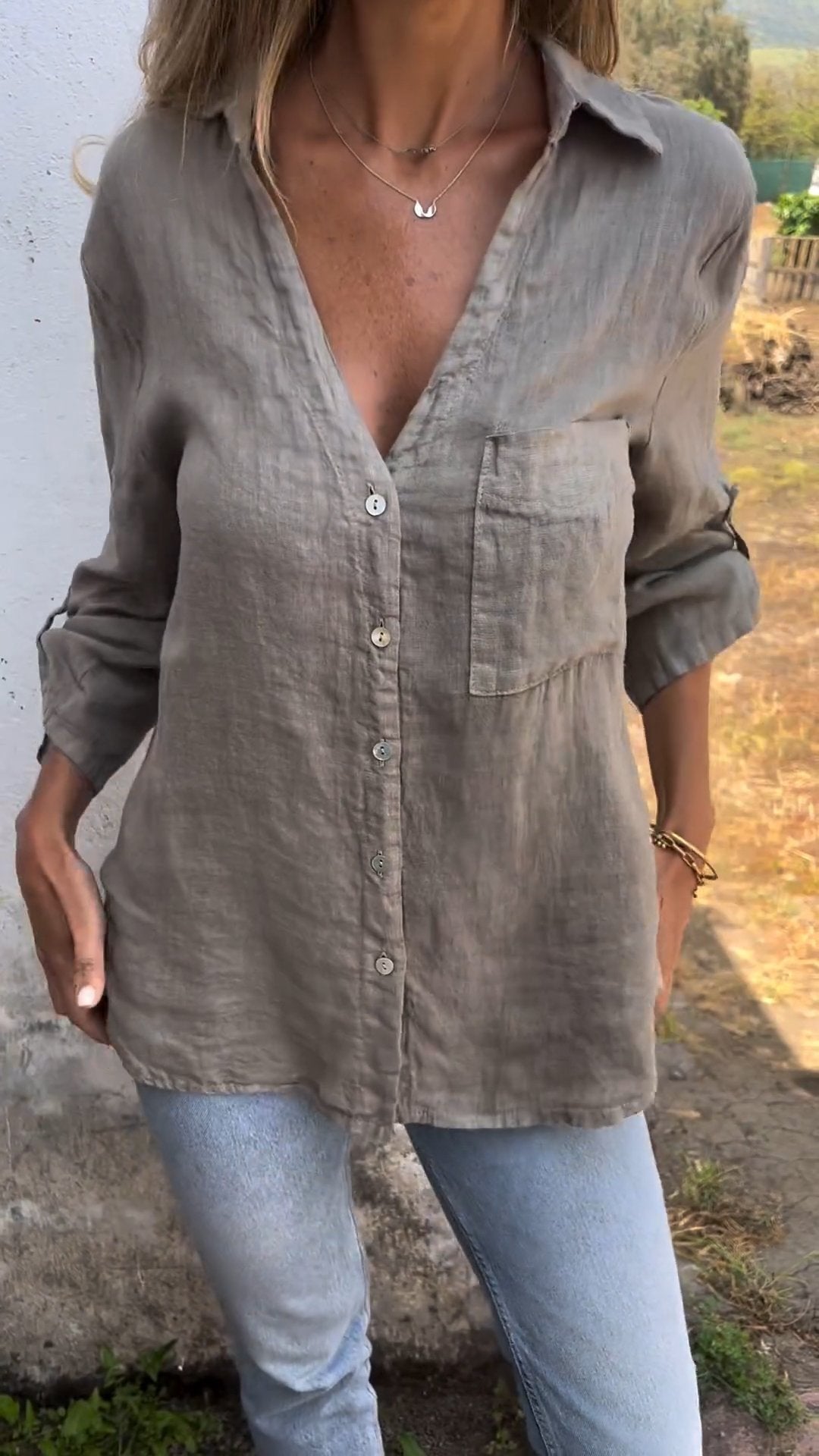 Cotton and Linen Mid-sleeve Lapel Shirt (Buy 2 Free Shipping)