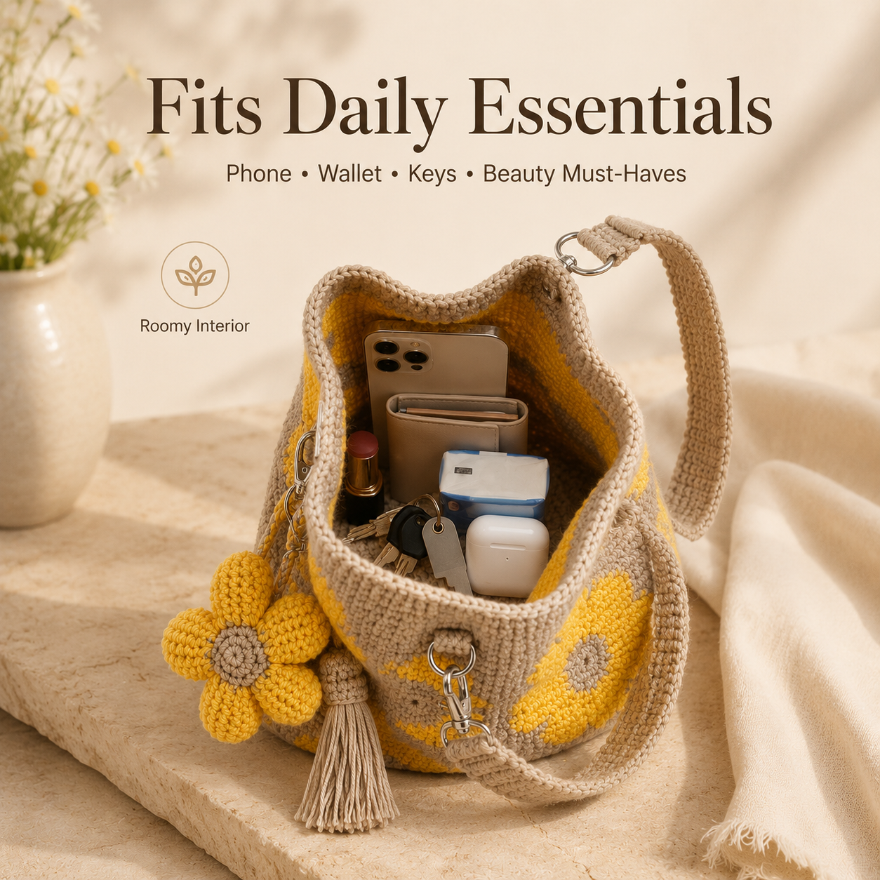 Handmade Crochet Flower Tote Bag