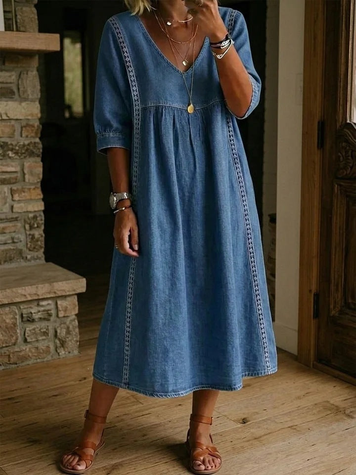 Casual Patchwork Linen-Cotton Dress
