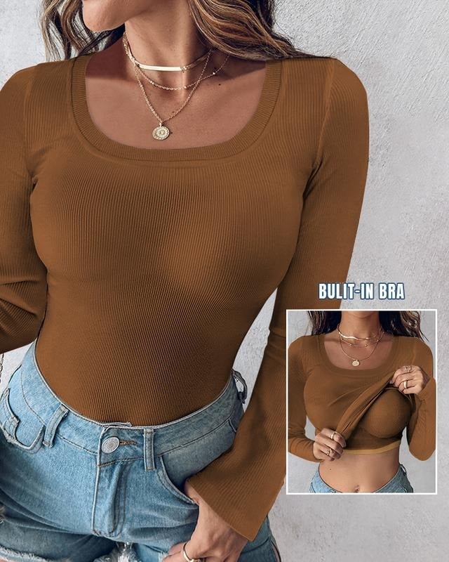 🎁🔥Neck Built-in Bra Long Sleeve Ribbed Top Shirts Elegant Skinny Fit Fabric