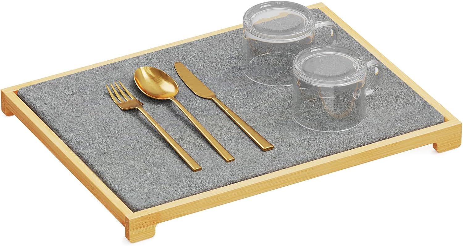 Stone Drying Mat for Kitchen Counter, Bamboo Rack Dish Pad