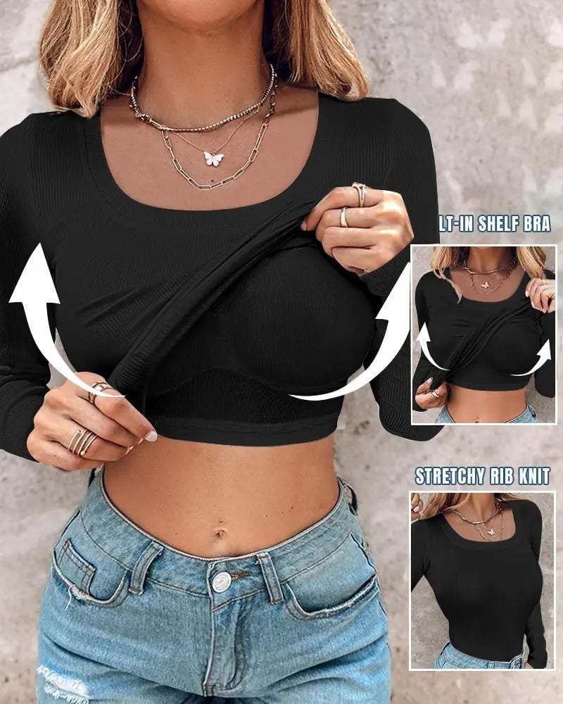 🎁🔥Neck Built-in Bra Long Sleeve Ribbed Top Shirts Elegant Skinny Fit Fabric