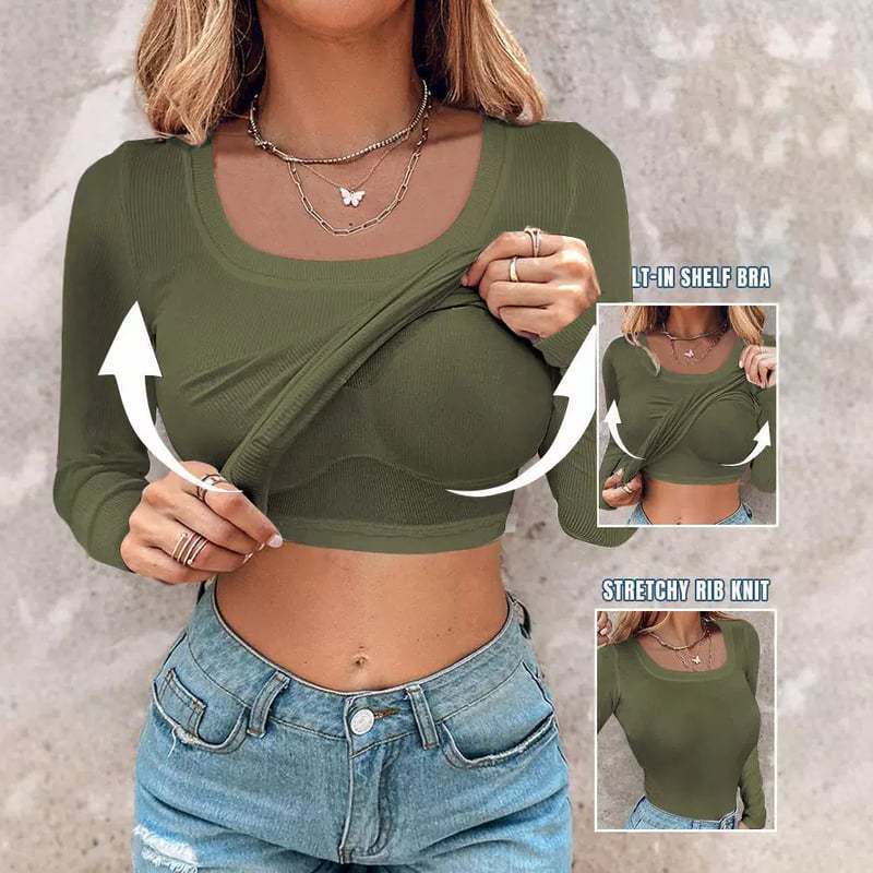 🎁🔥Neck Built-in Bra Long Sleeve Ribbed Top Shirts Elegant Skinny Fit Fabric