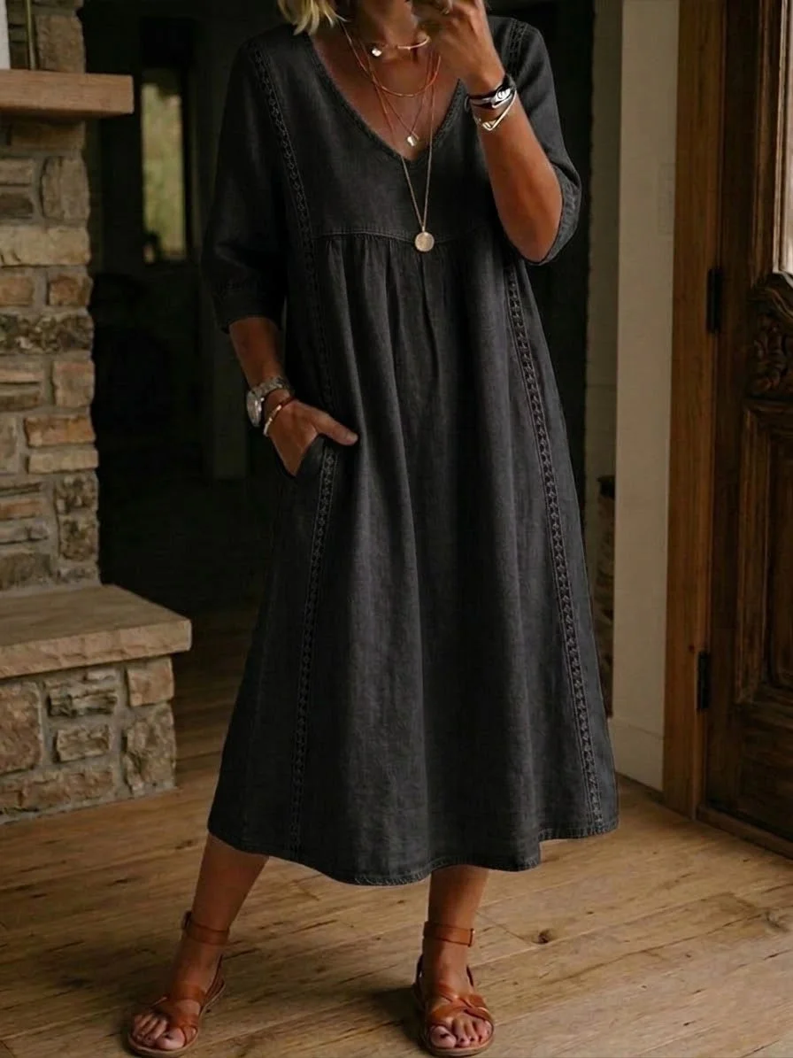 Casual Patchwork Linen-Cotton Dress