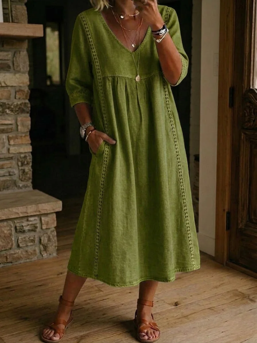 Casual Patchwork Linen-Cotton Dress