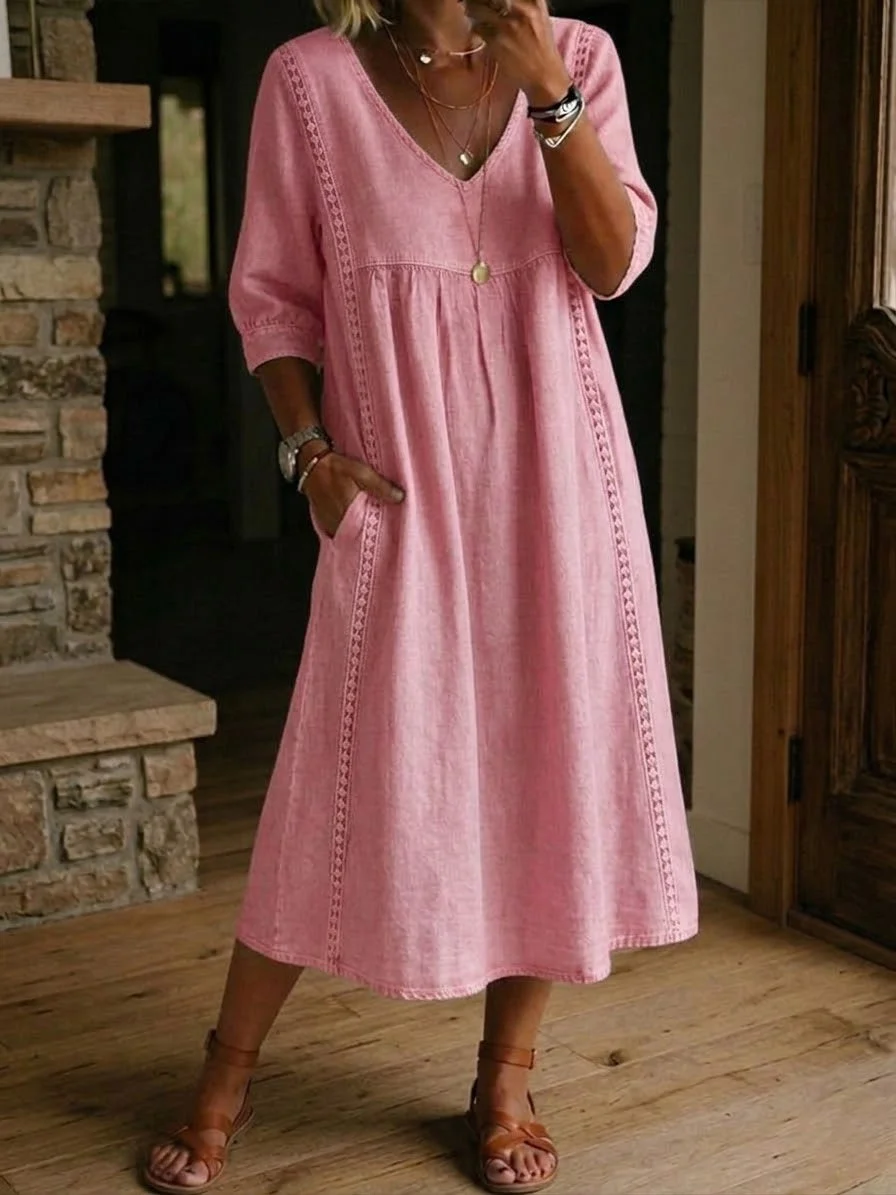Casual Patchwork Linen-Cotton Dress