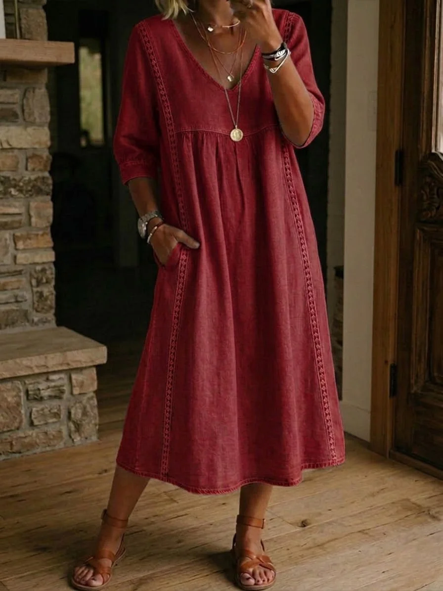 Casual Patchwork Linen-Cotton Dress