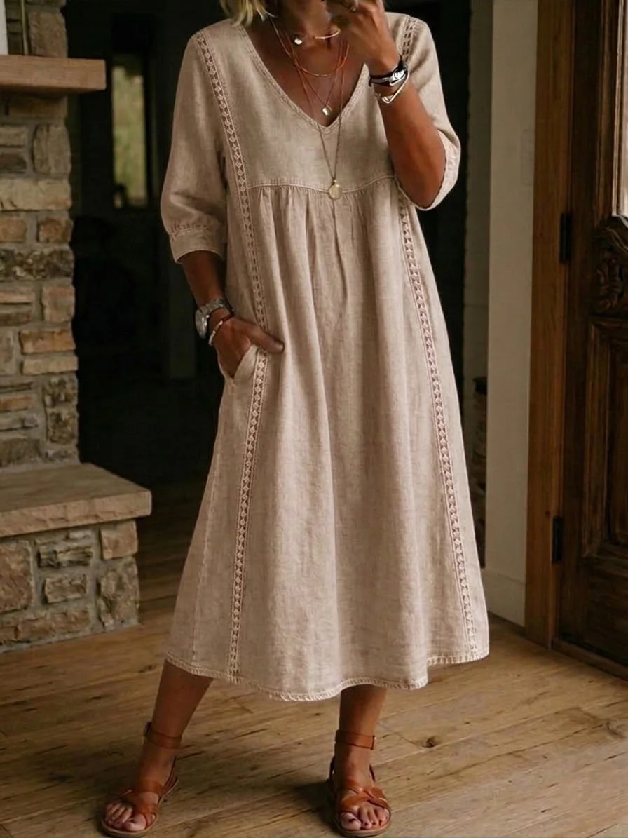 Casual Patchwork Linen-Cotton Dress