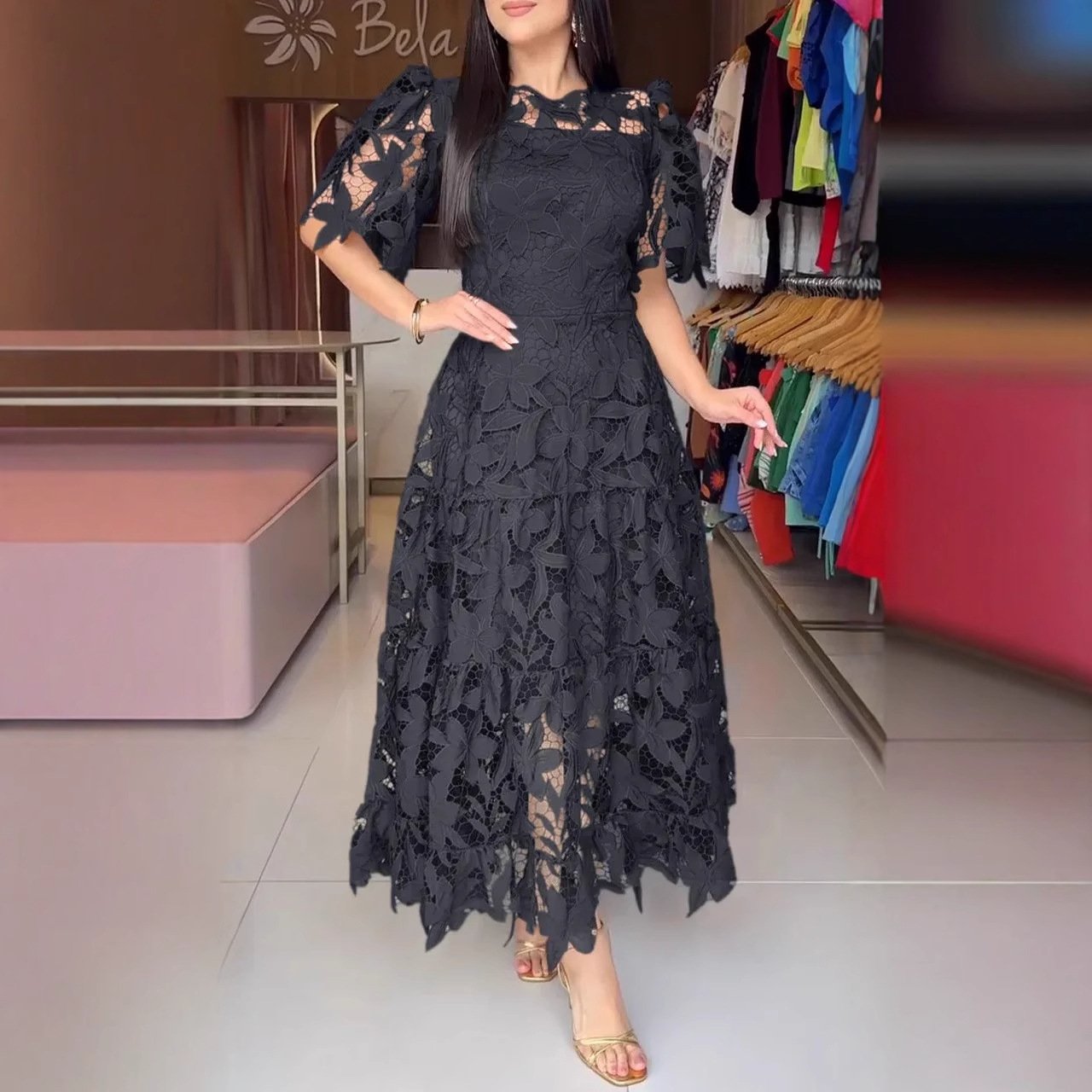 WOMEN'S ROUND NECK HOLLOW DRESS