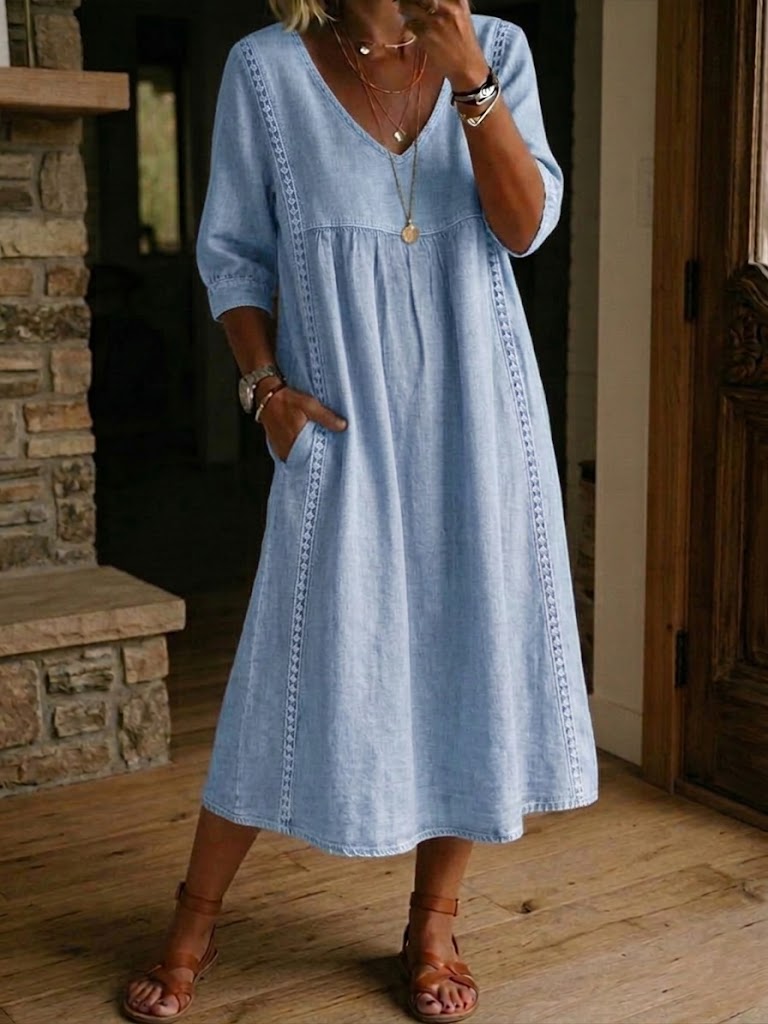 Casual Patchwork Linen-Cotton Dress