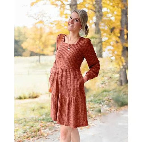 🍂2025 New Style⏰Women's Square Neck Lantern Sleeve Ribbed Dress