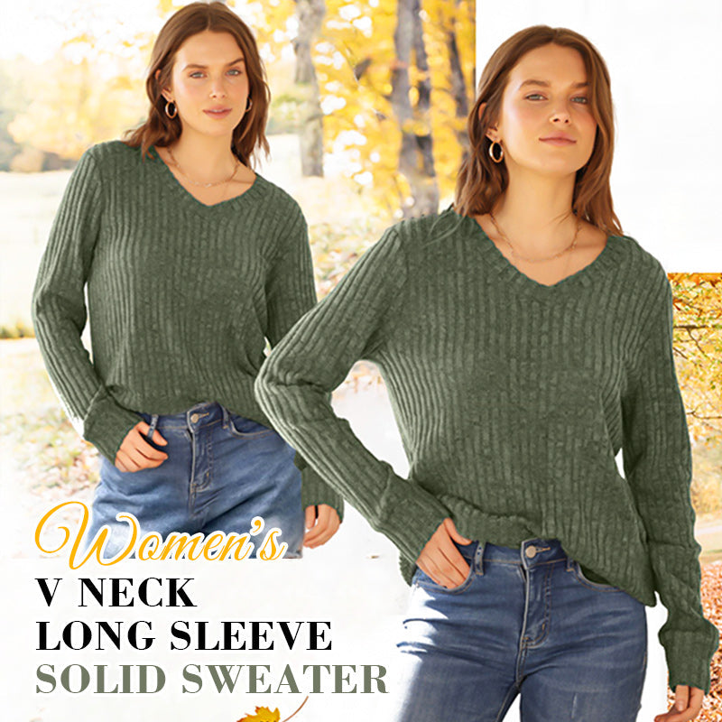 💖✨Women's V Neck Long Sleeve Solid Sweater