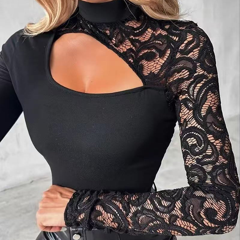 🌸Women's Asymmetrical Cutout Lace Sleeve Top👚
