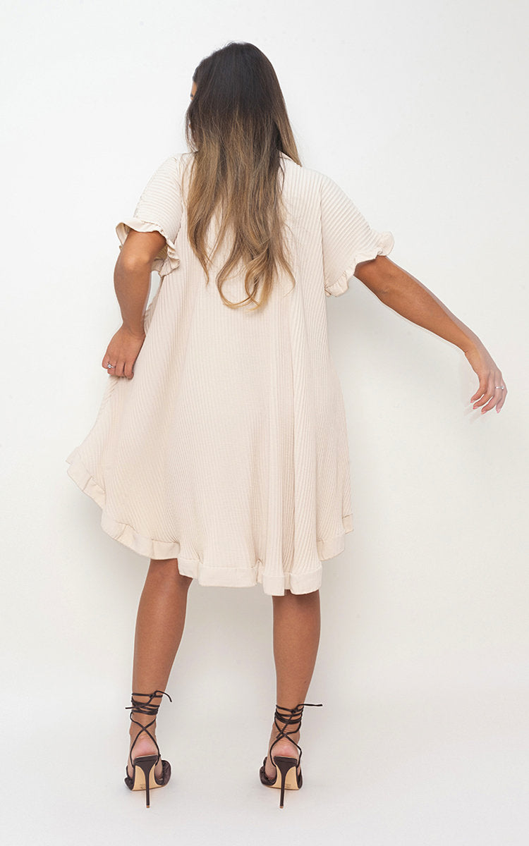 Button Down Oversized Ruffle Short Sleeve Mini Dress