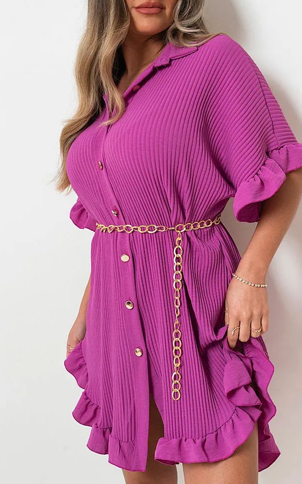 Button Down Oversized Ruffle Short Sleeve Mini Dress